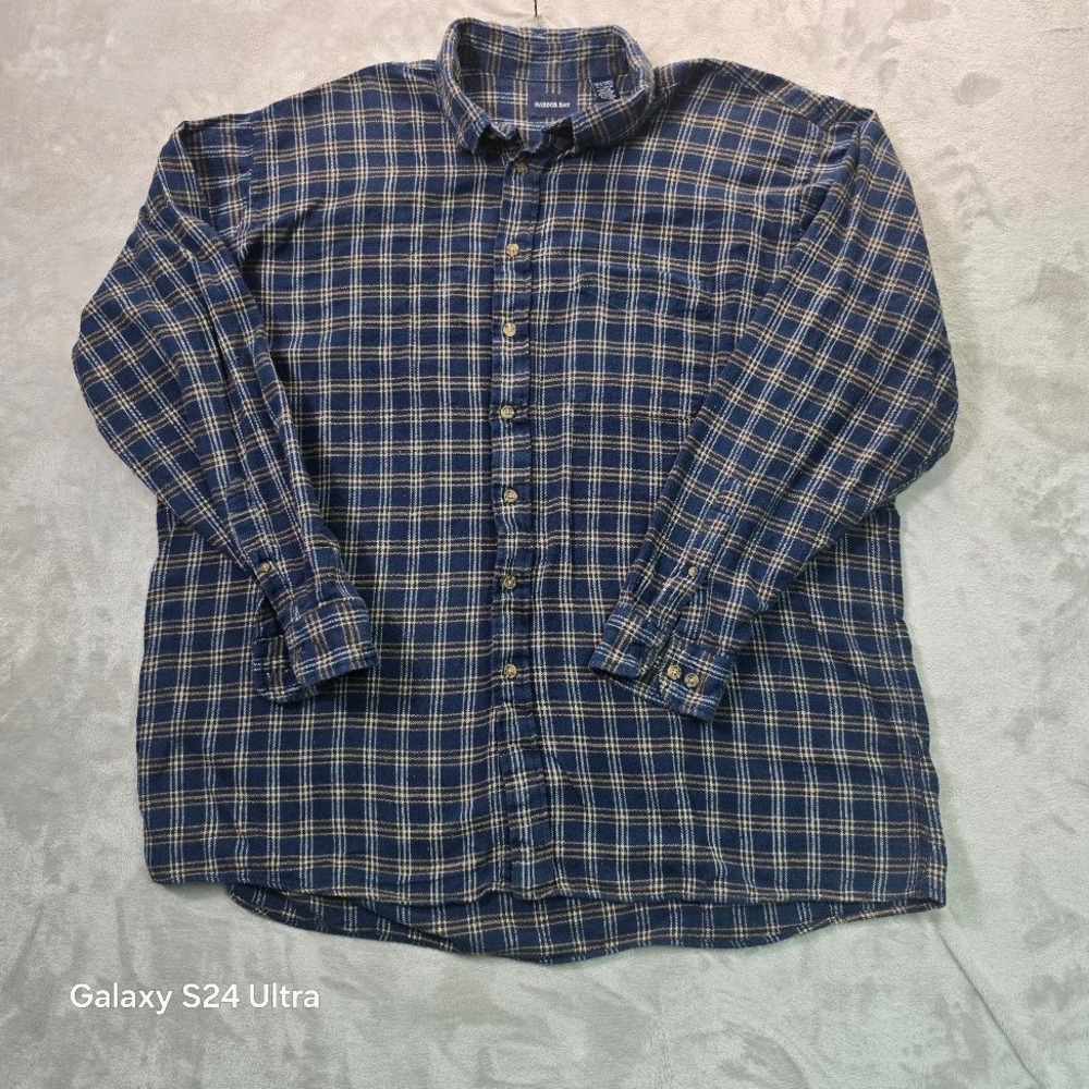 Harbor Bay Mens Navy Blue Tan Plaid Flannel Button Down Shirt Big & Tall 2XL